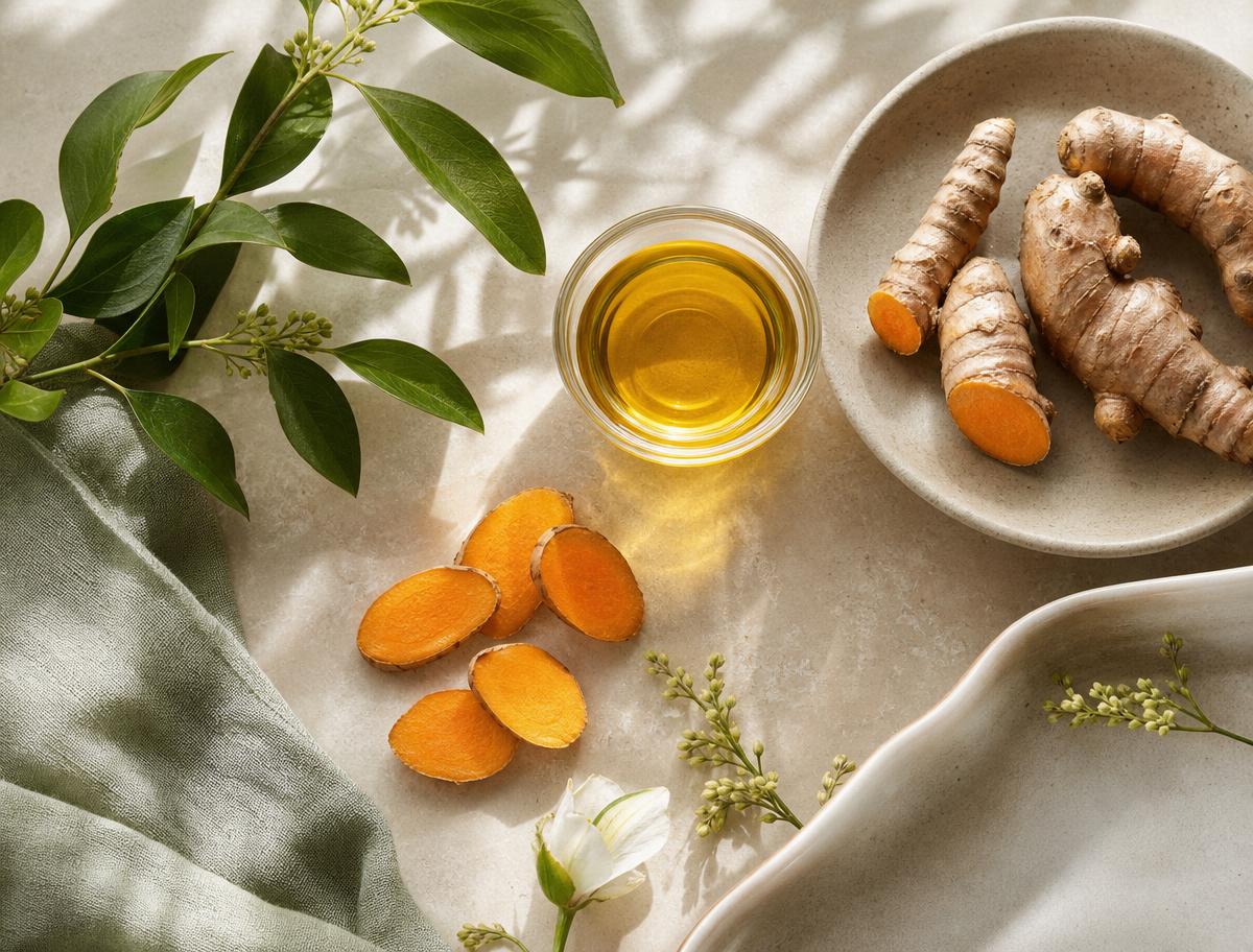 Turmeric, botanicals, and golden oil arranged for an ingredient-focused wellness story