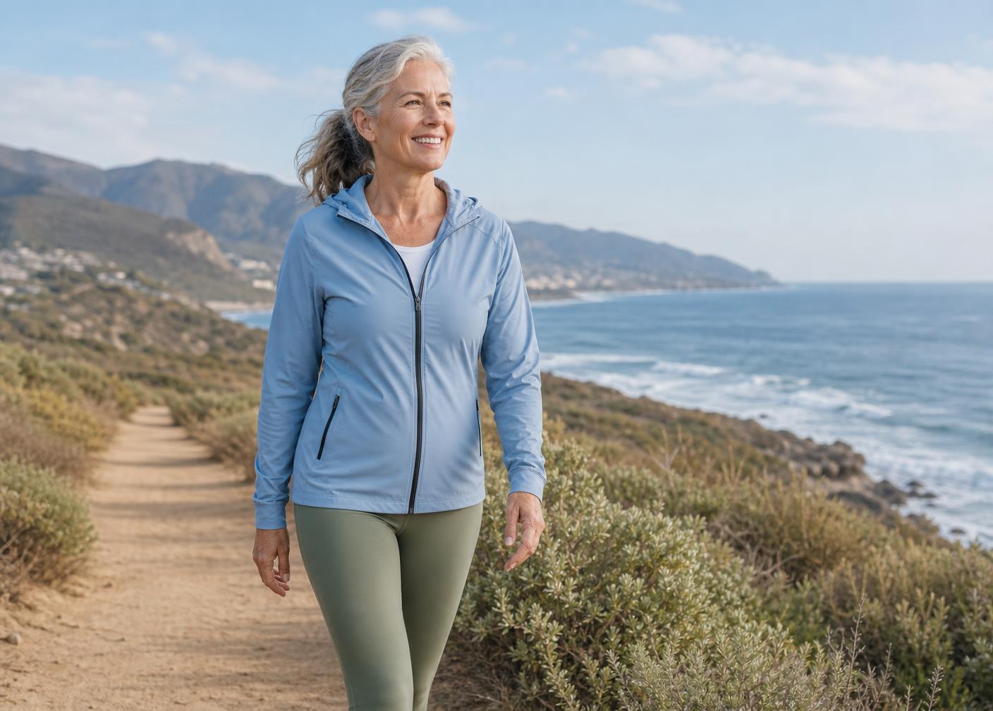 Active woman walking along a coastal trail in natural daylight